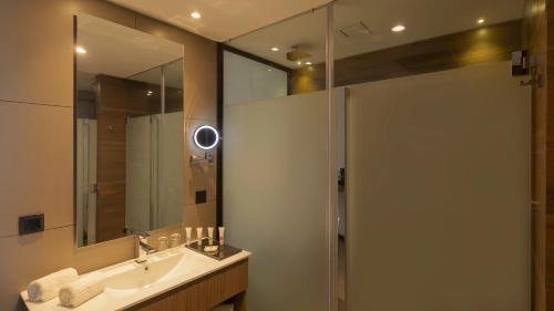 圣克鲁斯Swissotel Santa Cruz de La Sierra的浴室配有盥洗盆和带镜子的淋浴