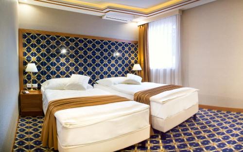 尼赖吉哈佐中央酒店的酒店客房设有两张床和窗户。
