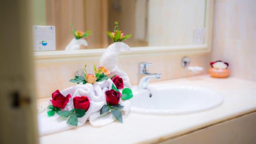 莫纳斯提尔Amir Palace的浴室柜台上设有玫瑰花水槽