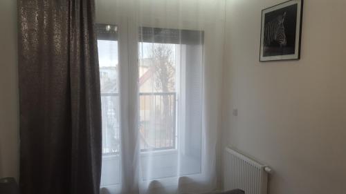 莱什诺Apartament Skarbowa 2的窗户,带窗帘的房间