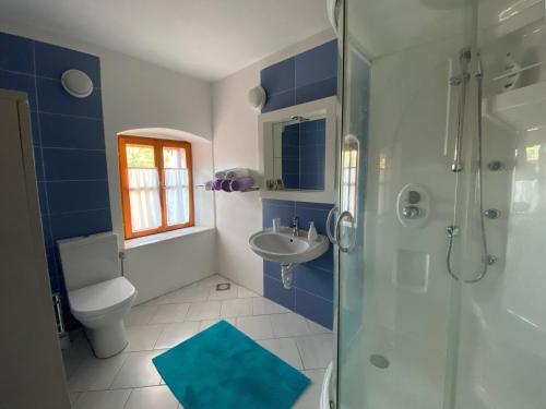 弗班吉Holiday Home Hauser的蓝色和白色的浴室设有淋浴和水槽