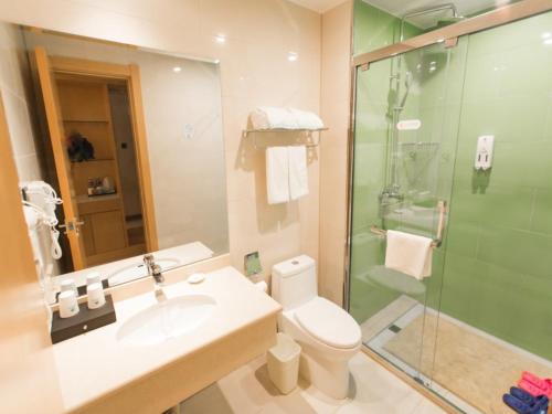 张家口格林豪泰张家口高铁站商务酒店的浴室配有卫生间、盥洗盆和淋浴。
