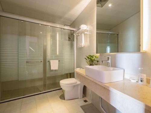 Luoxi格林豪泰常州西夏墅镇快捷酒店的一间带水槽、卫生间和淋浴的浴室