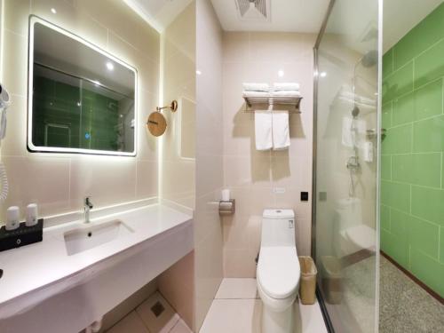 咸宁格林豪泰咸宁市高铁北站五金机电市场商务酒店的浴室配有卫生间、盥洗盆和淋浴。