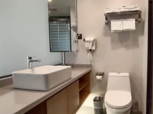 商丘GreenTree Inn Shangqiu Zhecheng Shanghai Road的浴室配有白色水槽和卫生间。