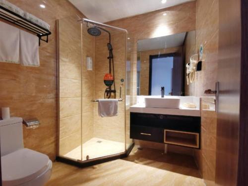 霍山格林豪泰安徽省六安市霍山县迎驾大道商务酒店的带淋浴、盥洗盆和卫生间的浴室