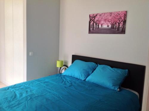 布鲁日科尔斯科度假别墅酒店的卧室配有一张蓝色的床,墙上挂着一幅画