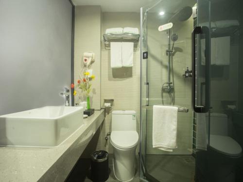 海口GreenTree Inn Haikou Haixiu Middle Road的一间带水槽、卫生间和淋浴的浴室