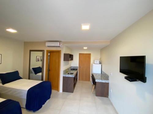 戈亚斯州上帕莱索Delú Residences的配有一张床和一台平面电视的酒店客房