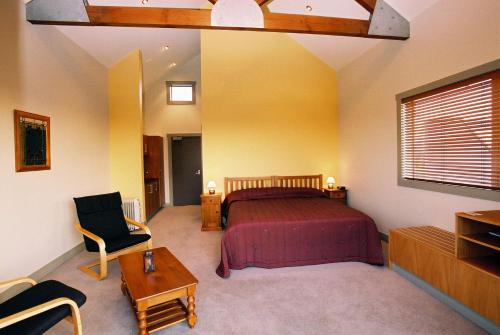 新普利茅斯Taranaki Country Lodge的一间卧室配有一张床、一把椅子和一张桌子
