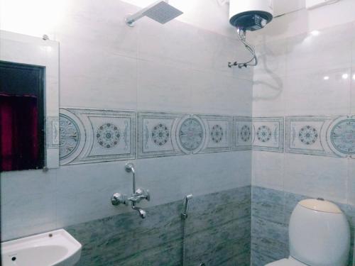 乌代浦Amritchandra homestay and hostel的一间带卫生间、水槽和镜子的浴室
