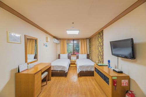 襄阳郡五色绿意庭院酒店的一间医院间 - 带两张床和一台平面电视
