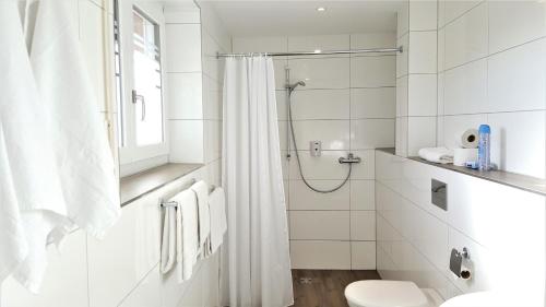 拉德贝尔根埃斯彭霍夫汽车旅馆的带淋浴和卫生间的白色浴室
