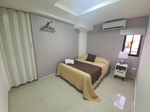 圣多明各Malecon Premium Rooms & Hotel的一间小卧室,配有床和窗户