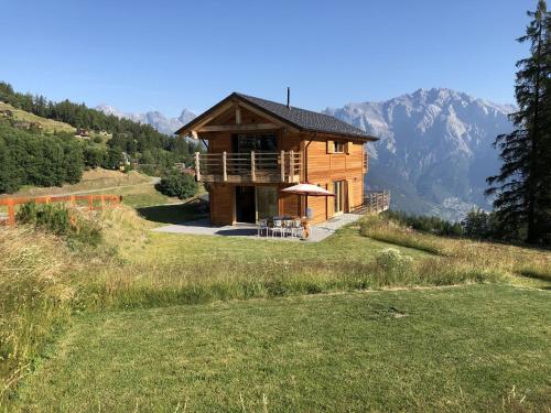 拉茨欧马兹Top chalet with unobstructed view inthe ski resort的山丘上的小木屋,以山脉为背景