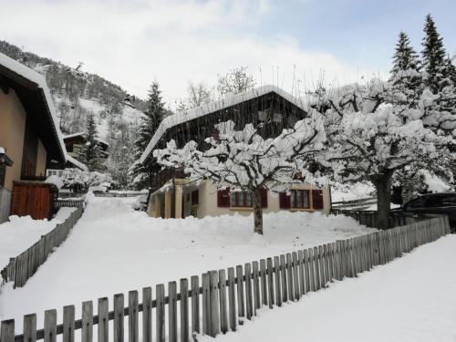 布拉腾holiday home in Blatten with private terrace的雪覆盖着栅栏和树木的房子