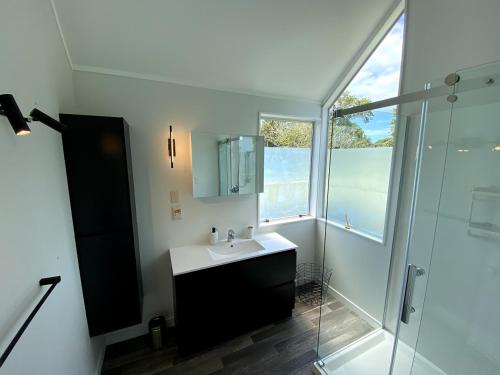 奥克兰Chamberlain House - 3 bedroom house by Manly beach的一间带水槽和玻璃淋浴的浴室