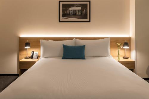 惠灵顿Hotel Room @ 89 Courtenay Place的卧室配有一张白色大床和蓝色枕头