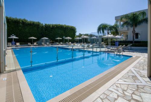 干尼亚科德里索斯酒店的一个带椅子和遮阳伞的大型游泳池