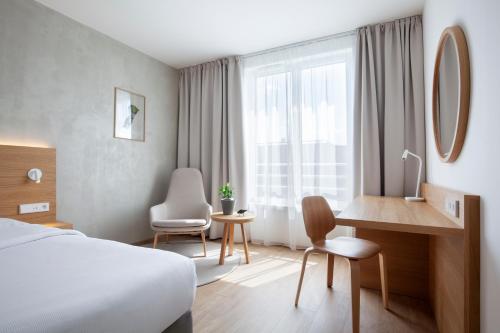 布拉格Botanique Hotel Prague的配有一张床、一张书桌和一扇窗户的酒店客房