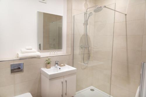 剑桥Citystay - Franklin House的带淋浴、卫生间和盥洗盆的浴室