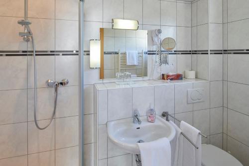 丁斯拉肯格鲁内瓦尔德酒店的白色的浴室设有水槽和淋浴。