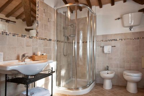 博恩孔文托Fattoria Pieve a Salti的带淋浴、盥洗盆和卫生间的浴室