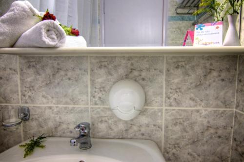 阿德里安诺斯坎波斯Solimar Dias Hotel的浴室设有水槽和带毛巾的架子。