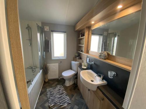 波斯考尔Brand new Sea view beach lodge Trecco bay 3 bedroom的一间带水槽和卫生间的浴室