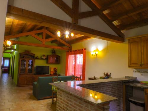 VallecilloCasarural Vallecillo的一间厨房和客厅,客厅内配有一个柜台