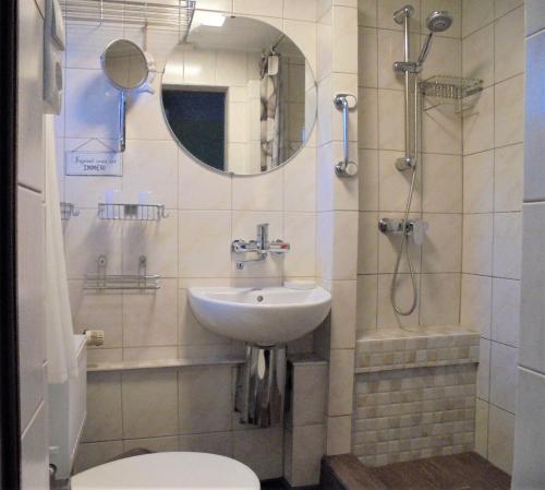 青斯特Ferienwohnungen/Ferienzimmer Seidel的一间带水槽、卫生间和镜子的浴室