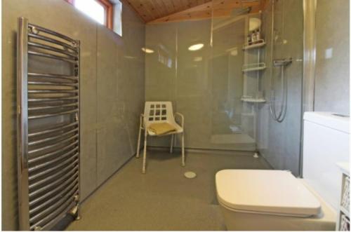 EardingtonAstbury Falls Luxury Retreats的带淋浴、卫生间和椅子的浴室
