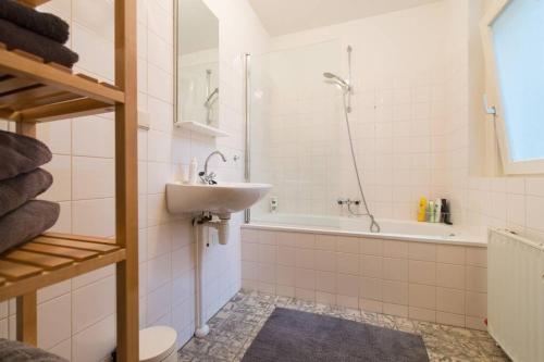 阿姆斯特丹Charming apartment in city center的浴室配有水槽、淋浴和浴缸。