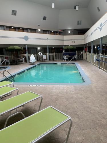 布赖顿布莱顿智选假日酒店及套房的酒店的大型游泳池配有桌椅