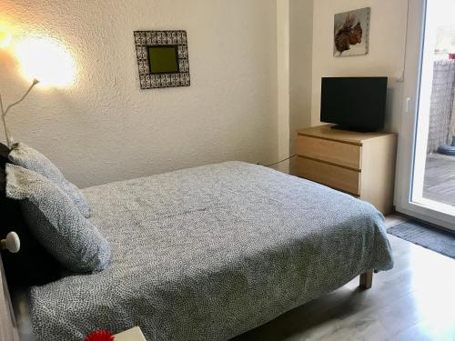 蒙彼利埃Appartements Azema的一间小卧室,配有一张床和电视