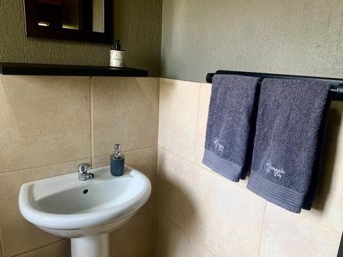 玛洛斯帕克Impala Lily的浴室设有白色水槽和蓝色毛巾。