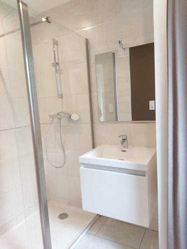 布雷斯特AppartHotel ST MICHEL的白色的浴室设有水槽和淋浴。