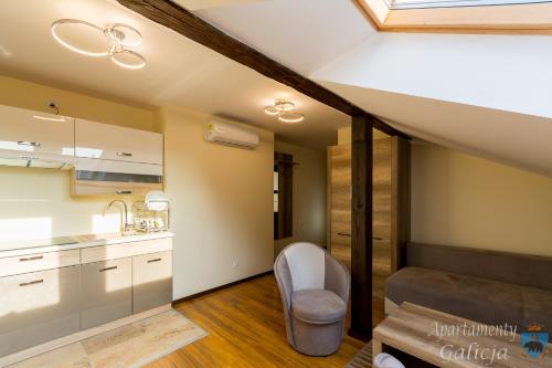 普热梅希尔Apartamenty Galicja的一个带水槽的厨房和一张沙发