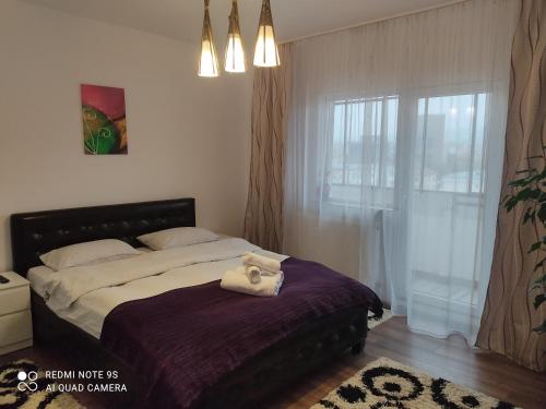 克卢日-纳波卡Apartment Farmec的一间卧室配有一张床,床上有毛巾
