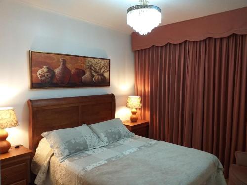 圣地亚哥Terraza Santa Lucia,Suites "Como en su Casa"的一间卧室配有一张床和两张带台灯的桌子。