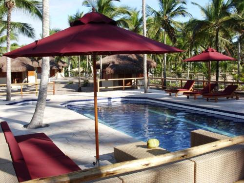 卡纳维埃拉斯Kani Boutique Resort的一个带遮阳伞和椅子的游泳池以及大象