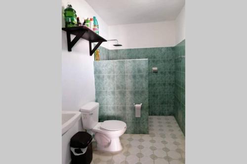 巴卡拉尔Maruchita's room的一间带卫生间的浴室和绿色瓷砖墙