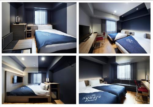 东京银座广场酒店的四张不同的图片,一间卧室配有两张床,另一间房间配有