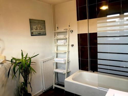 巴黎格兰德酒店的带浴缸、卫生间和植物的浴室