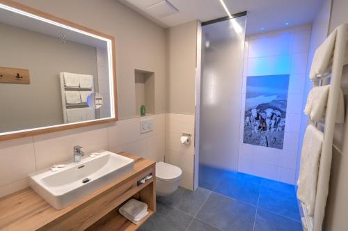 迈尔霍芬Der Siegeler B&B - this lifestylehotel rocks的一间带水槽、卫生间和淋浴的浴室