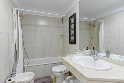 圣地亚哥港Olivia FREE WIFI的浴室配有盥洗盆、卫生间和浴缸。