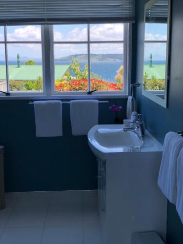 陶波2mins to lakefront Family Retreat的蓝色的浴室设有水槽和窗户