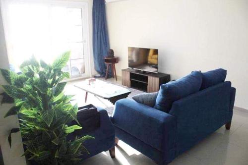 亚历山大Breathtaking Wide Seaview Apartment的客厅配有蓝色的沙发和电视