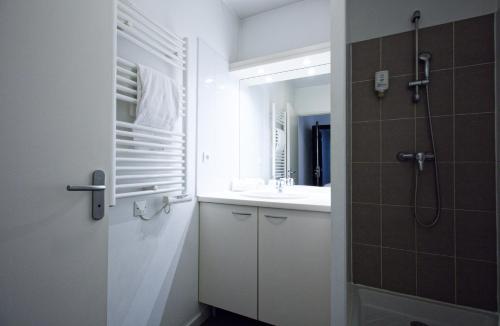 佩皮尼昂梅尔高尔夫城佩皮尼昂中心公寓式酒店的带淋浴、盥洗盆和镜子的浴室