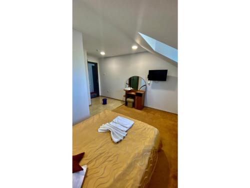 布拉索夫Pensiunea Riccardo的客房设有1张床、1张办公桌和1台电视。